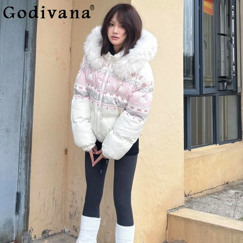 

Fur Collar Hooded Cotton Jacket for Women Winter New Rabbit Print Thickened Parkas Female Warm Puffer Hooded Parkas Coat
