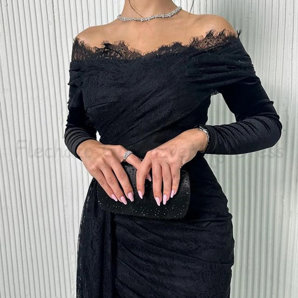 Flechazo Sheath Ankle Length Evening Dress Off the Shoulder Long Sleeves with Lace and Pleat Women Customized Gowns Side Tail