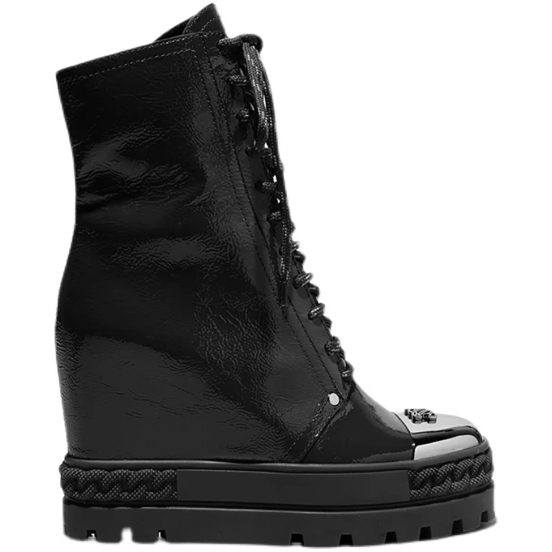 Black Thick Platform Sole Inner Height Increased Ankle Boots Patent Leather Round Metal Toe Zipper Roman Boots High top Sneakers