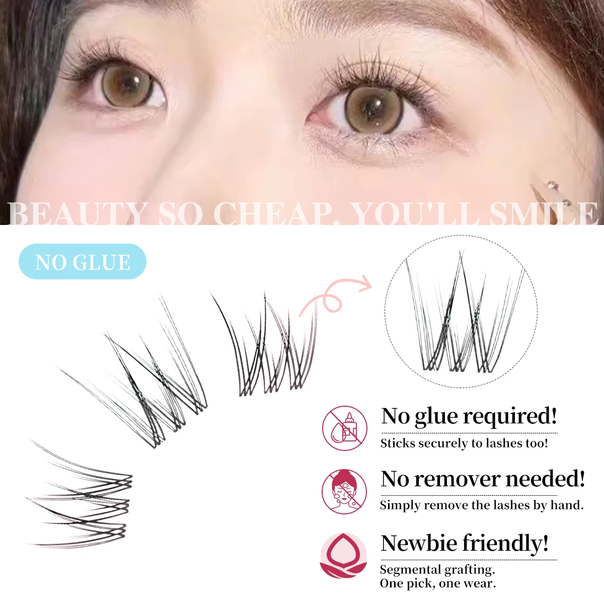 自己粘着式つけまつげ、透明バンド付き、再利用可能、接着剤不要、ストレスフリーで簡単装着、デイリーユースに最適