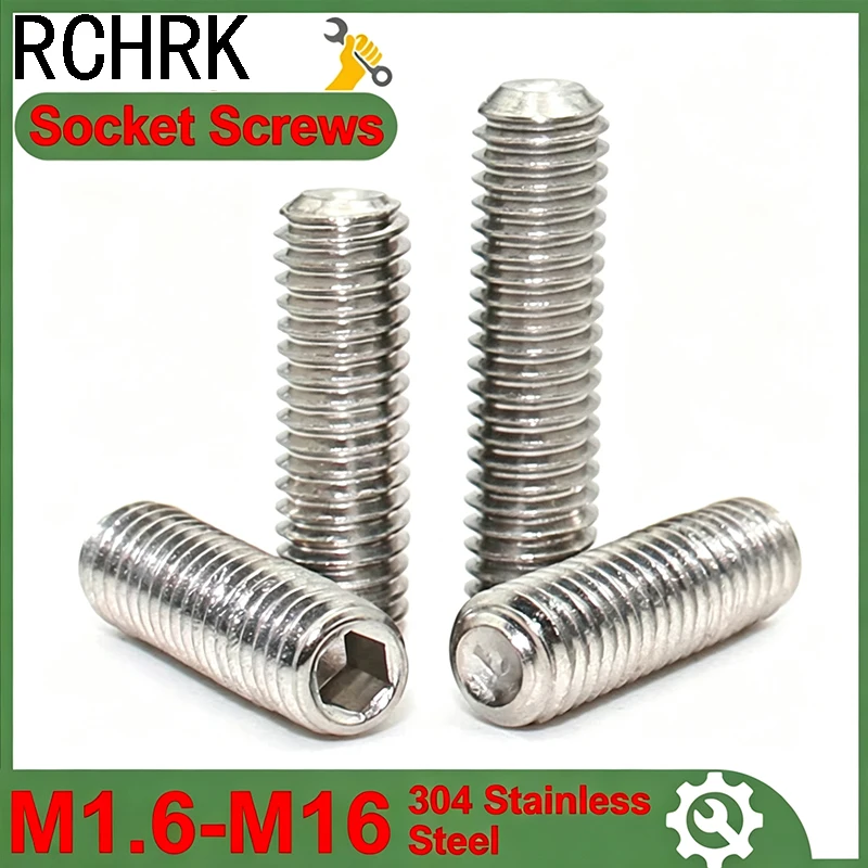 30-1pcs M1.6 M2 M2.5 M3 M4 M5 M6 M8 M10 M12 M14 M16 Hexagon Hex Socket Set Screw Flat Point Allen HeadStainless Steel Headless
