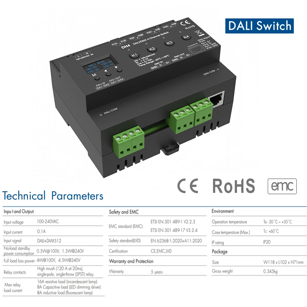 DALI DMX 4-Channel Switch With OLED Display Screen Relay 4CH Dry Contact Output 4 DALI Address DMX-RDM  Din Rail 100-240VAC