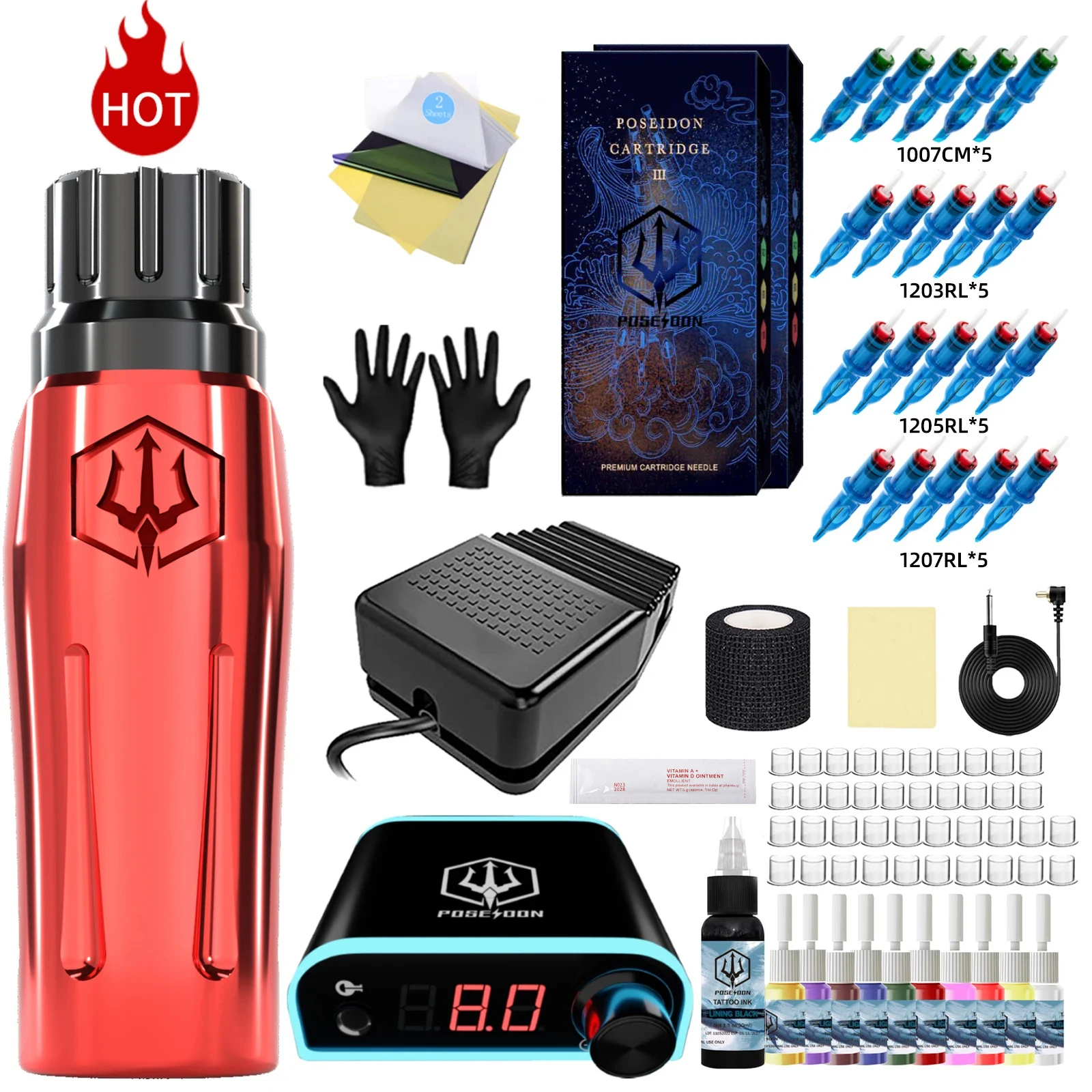 

Tattoo Kit POSEIDON Red Professional Tattoo Pen Kit For Permanent Makeup Tattoo Machine Tattoo Power Supply Tattoo Gun Kit