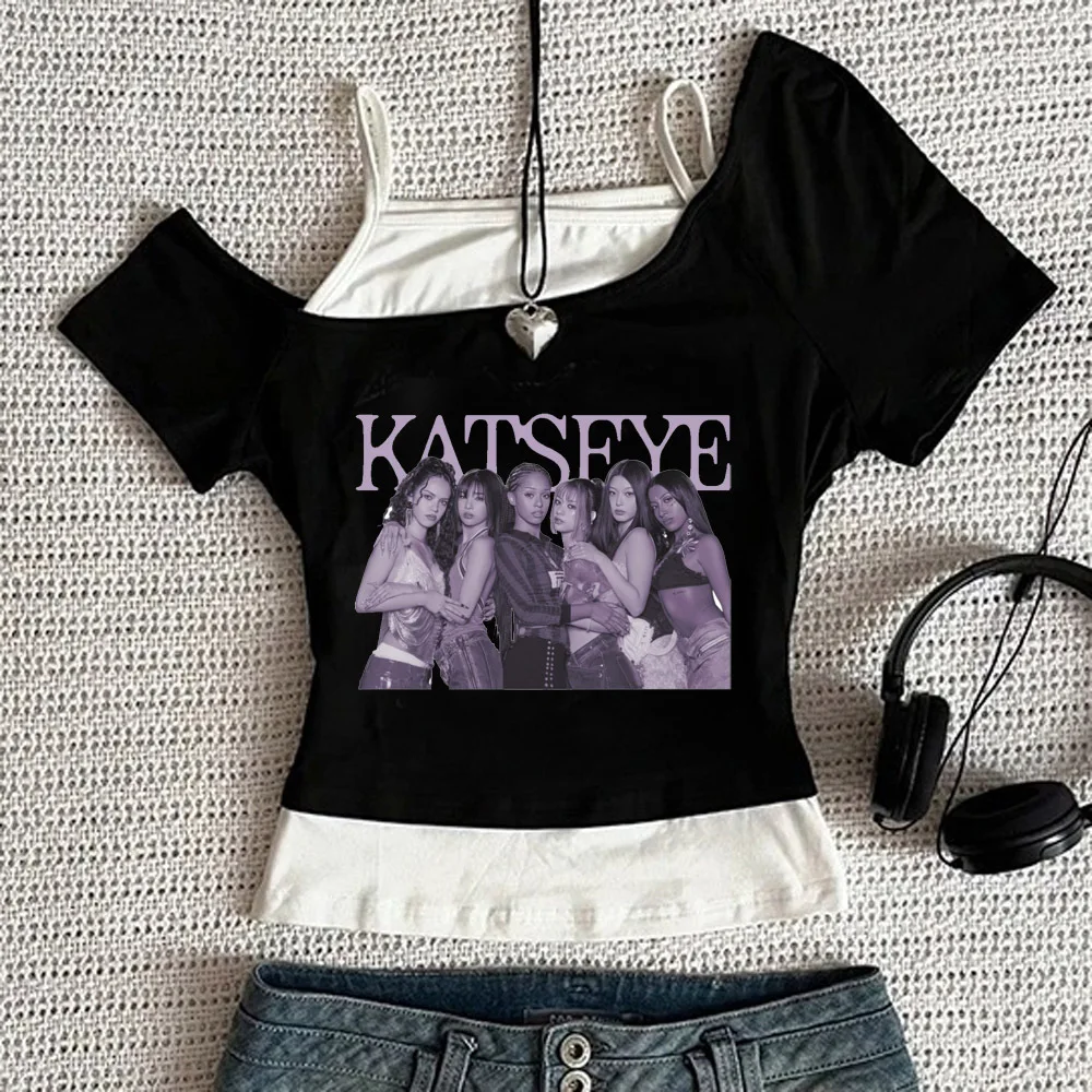 Katseye Crop-Top Shoujo Gothic lustiges Grafik-T-Shirt im 2000er-Jahre-Stil, Kawaii, süßes Meme, Baddie Streetwear