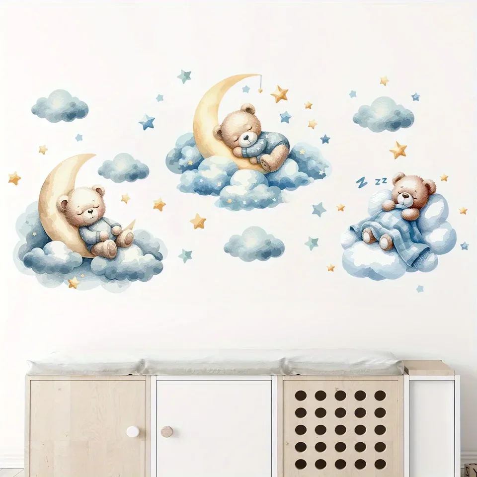 1 Piece Cute Teddy Bear Illustration Resting Amid Floating Clouds Wall Decal for Kids Bedroom Living Space Nursery Room Interior