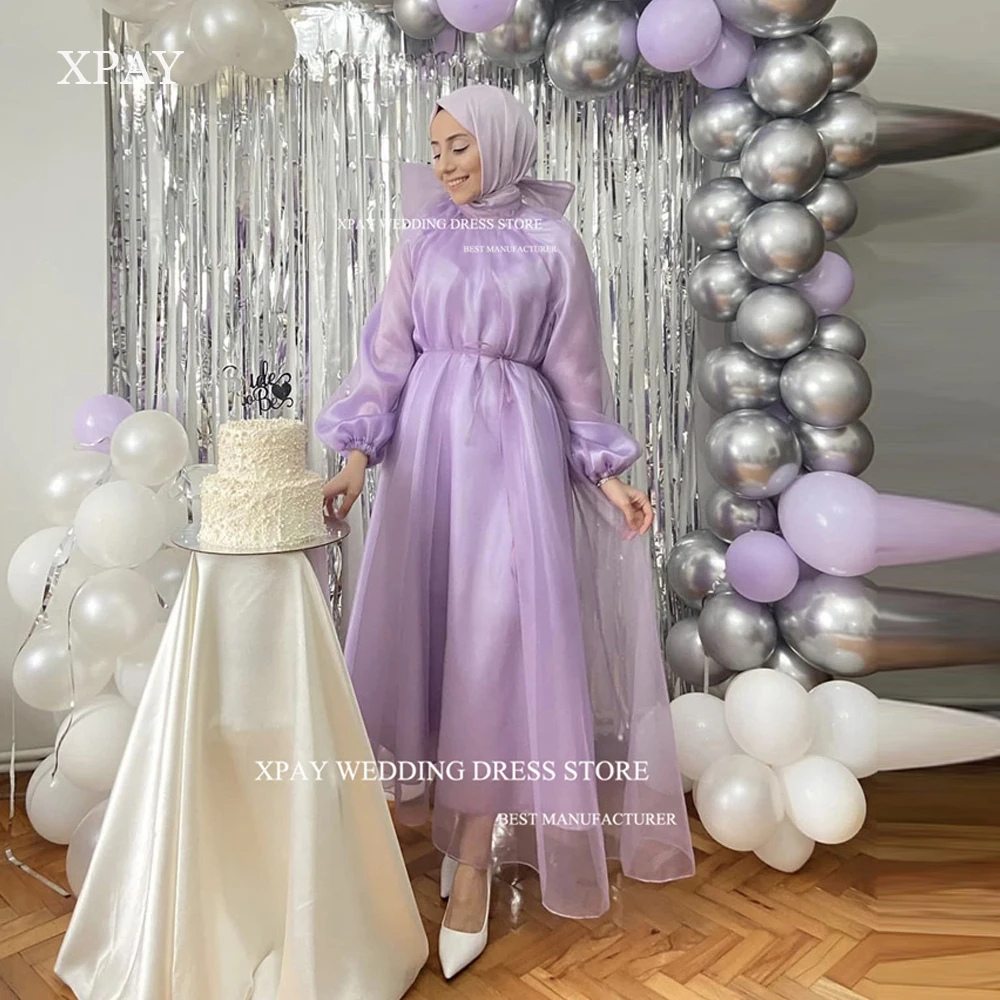 

XPAY Simple Modest Lavender Organza Silk Prom Dresses For Birthday Party Muslim Arabic Women Prom Gowns Ankle Length