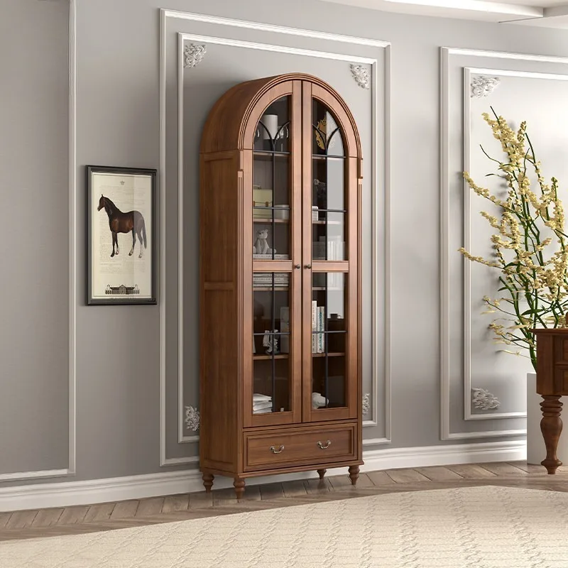 All solid wood arched glass door bookcase 80cm wide household light luxury living room wine cabinet storage cabinet glass door b