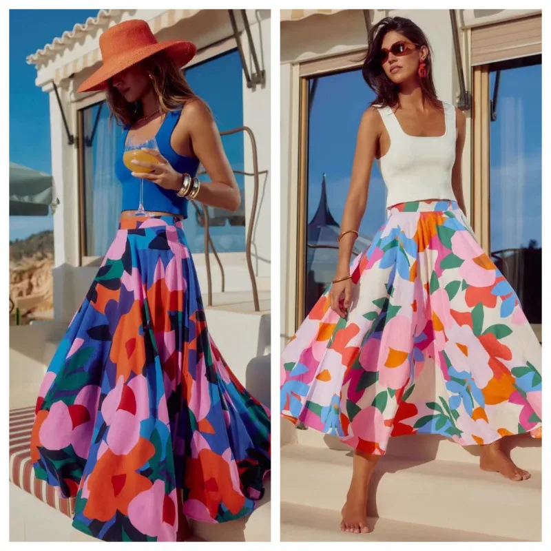 Skirts women 2026 Bohemian floral print A line beach vacation large swing women's clothing