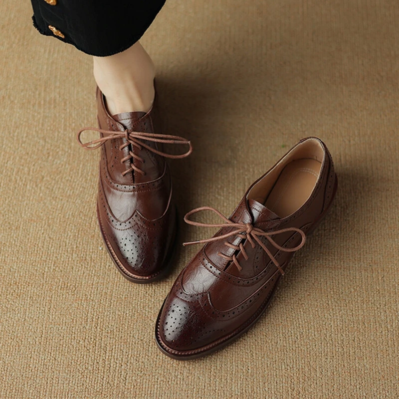 NEW Spring/Autumn Women Oxfords Split Leather Shoes for Women Brogues Vintage Lace up Loafers Handmade Black Plus Size Shoes