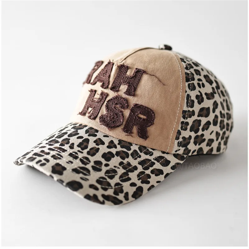 Leopard Print Patchwork Baseball Cap for Women Letter Embroidery for Daily Wear