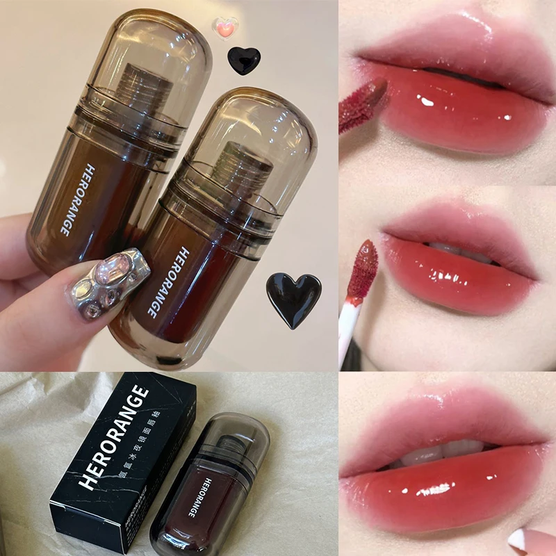 Juice Red Black Mirror Water Light Lip Gloss Clear Non-stick Cup Nude Brown Mirror Lip Glaze Crystal Lip Tint Korean Cosmetics