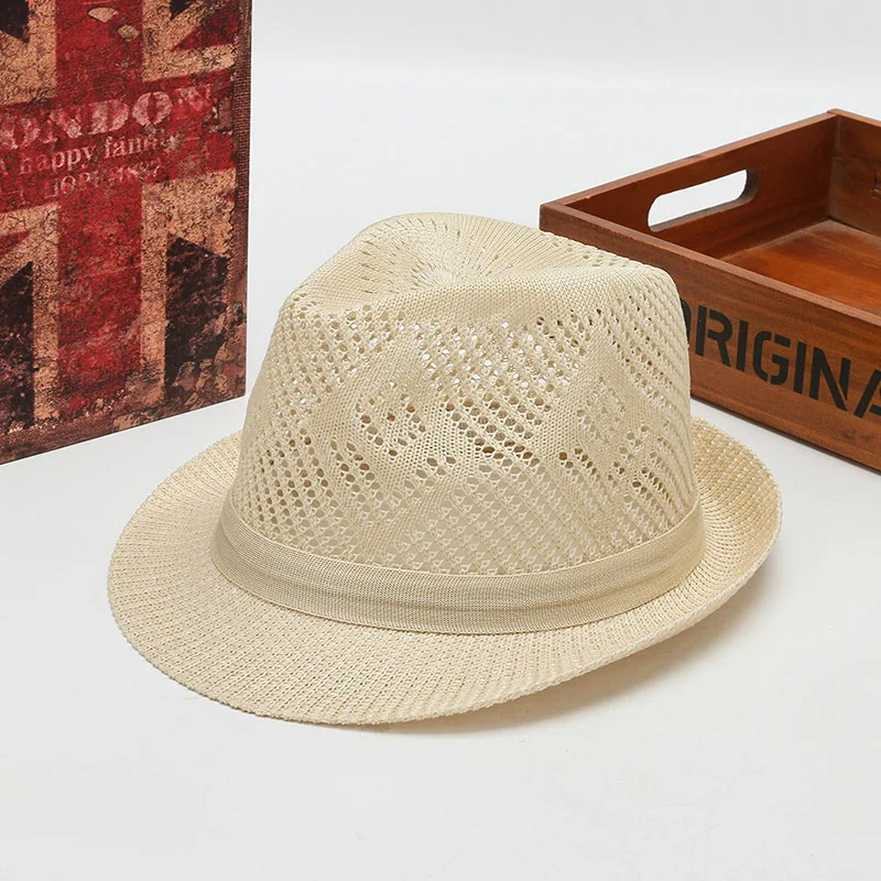 Men's Simple Linen Hollow Breathable Refreshing Sun Hat Men Summer Travel Farming Sunscreen Sun Ribbon Straw Jazz Topper Hat W97