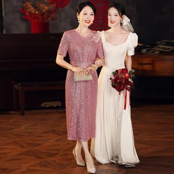 Shiny Sequini Pink Mother Of The Groom Dresses Elegant V-Neck Tea-Length Women Sheath Dresses For Wedding Party