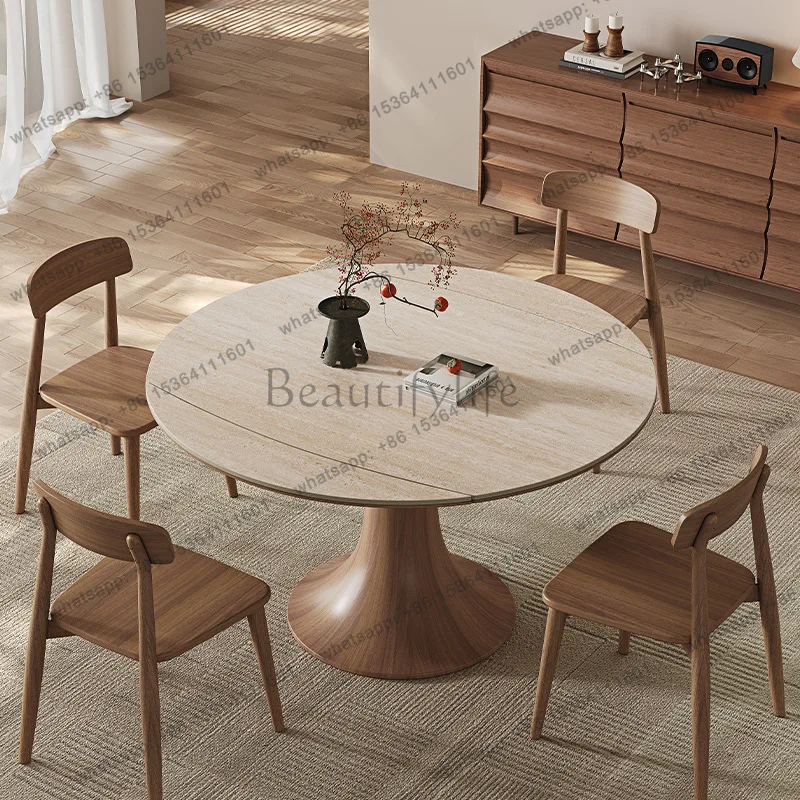 Factory Direct Sales Medieval Travertine Slate Round Table Modern Simple Solid Wood Square and Circle Dual Use