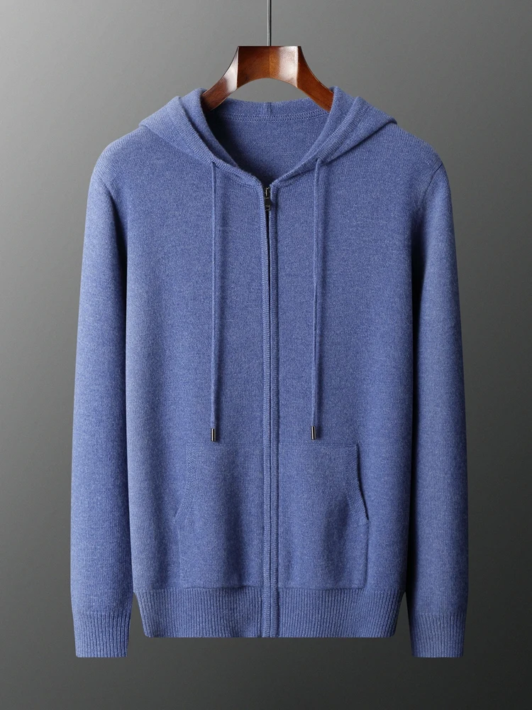

TLOML New Men's 100% Cashmere Sweater Hooded Zipper Cardigan Autumn Winter Soft Warm Casual Style Cashmere Knitwear Thick Coat