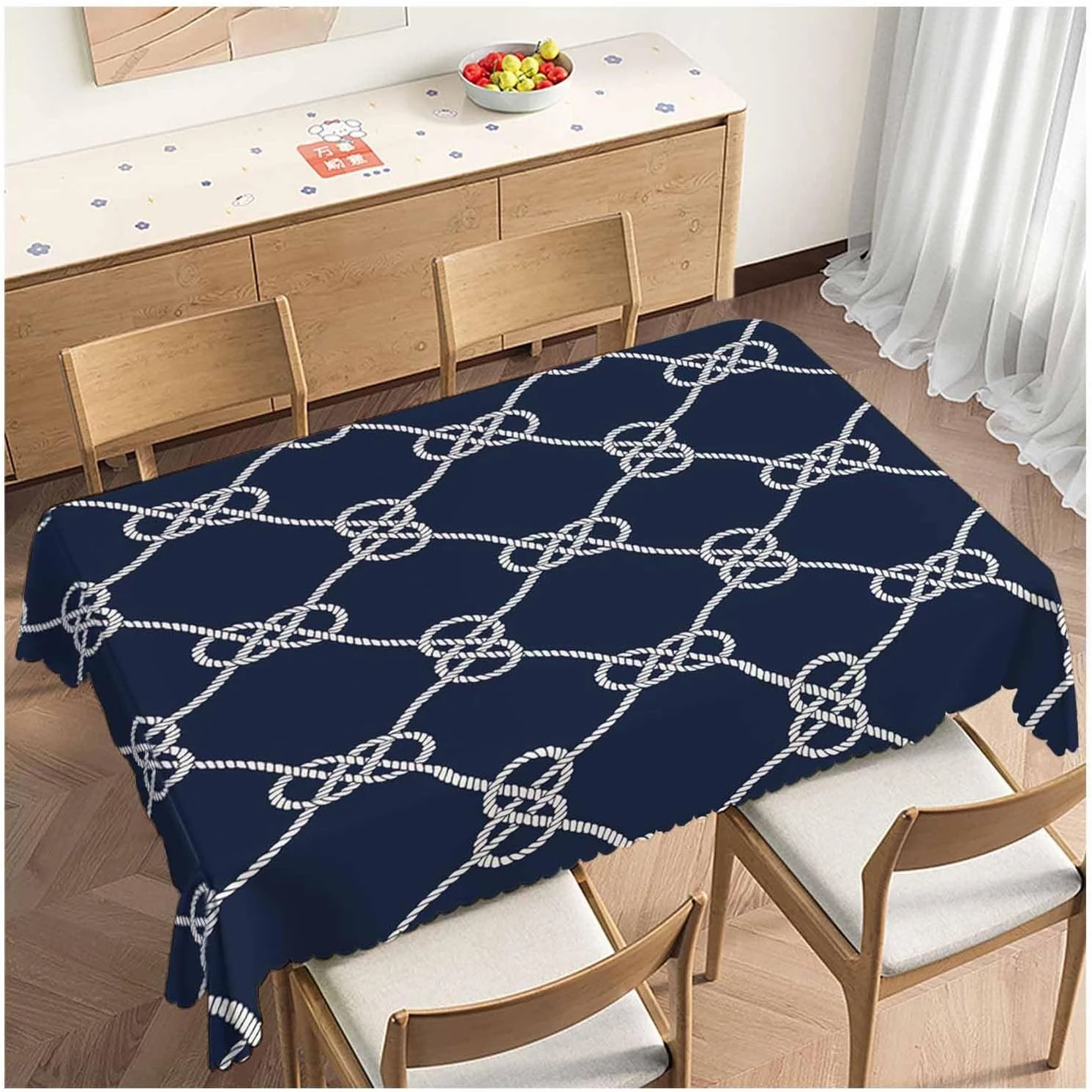 Mantel rectangular con nudos de cuerda náutica en azul oscuro, decoración de mesa, mantel reutilizable para mesa