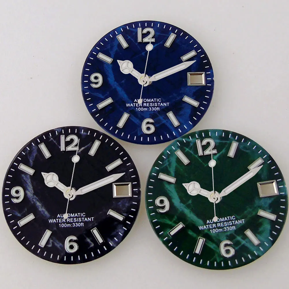 29mm Green/Blue/Black Sterile Marble Texture Pattern Watch Parts Dial Face Fit NH35A NH36A Automatic Movement Luminous Date