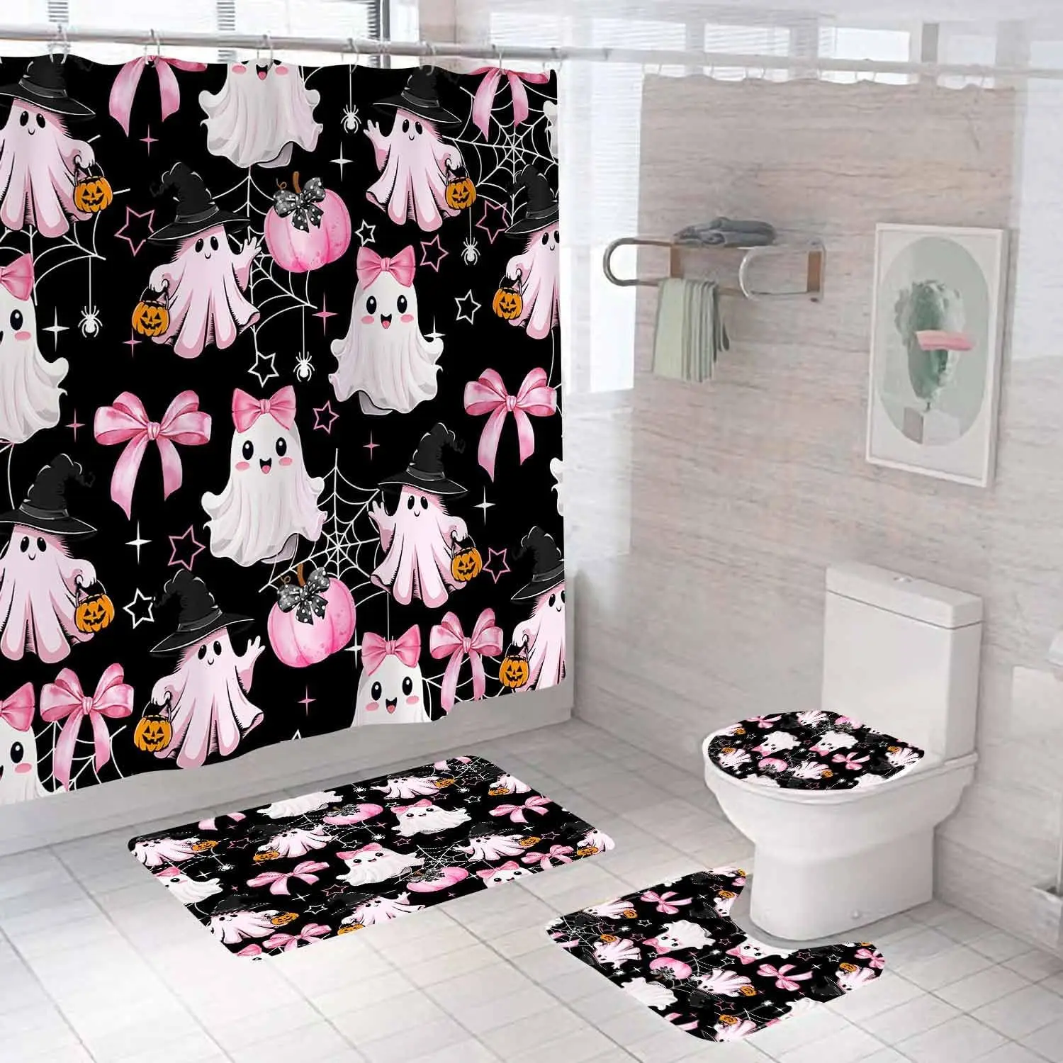 طقم ستائر دش الهالوين السحرية المكونة من 4 قطع مع سجاد، ستارة دش سوداء من القماش المقاوم للماء، معالج كتاب سحري مضحك