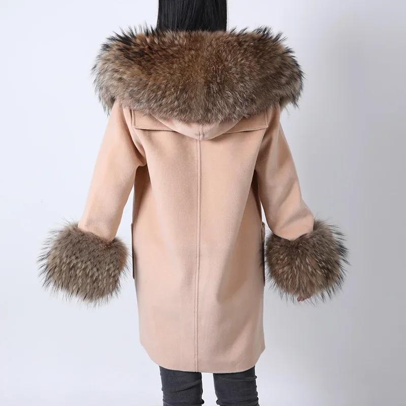 2023 MAOMAOKONG New Real Natural Raccoon Fur Collar Wool Blends Female Coat Winter Women Jacket Overcoat Woolen Coat