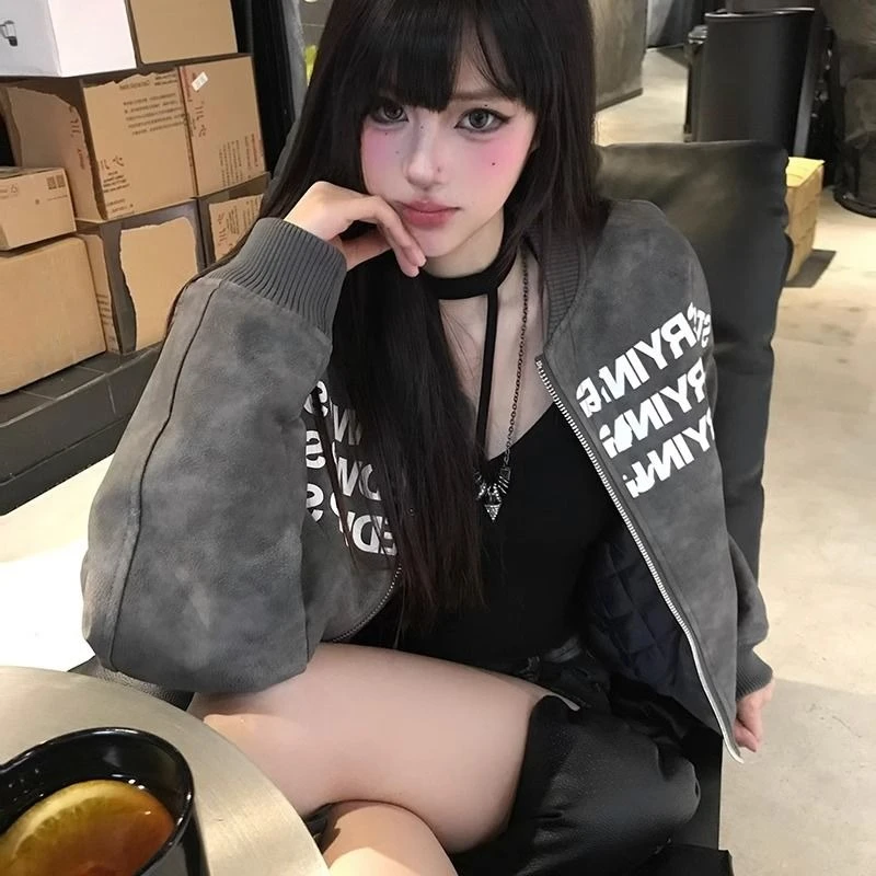 Trendy American Retro Baseball Jacket Coat for Women​  Retro Letter Print Pilot Jacket Perfect for Street Fashion Casual Wear