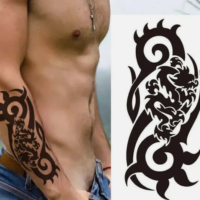 Tatuaje temporal Tribal negro, aspecto realista, cuello, pecho, brazo, pegatina impermeable para hombres