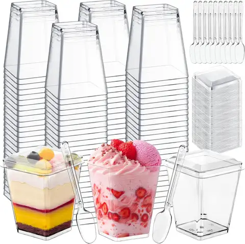 50 Pack 5 Oz Clear Plastic Dessert Cups With Lids And Spoons For Your Party Dessert Table, Individual Mini Parfait Cups That Make Every Treat Look Beautiful, Transparent Design Shows Off Layered Puddings And Mousses