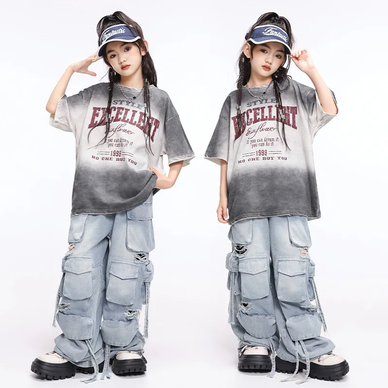 

Kid Hip Hop Clothing Gray T Shirt Denim Blue Casual Distressed Multi Pocket Cargo Jeans Pants for Girl Boy Dance Costume Clothes