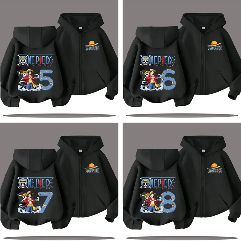 

One Piece 3 - 13-year-old children's zipper hooded cotton T-shirt with digital cartoon print, boys' casual shirt, sports top