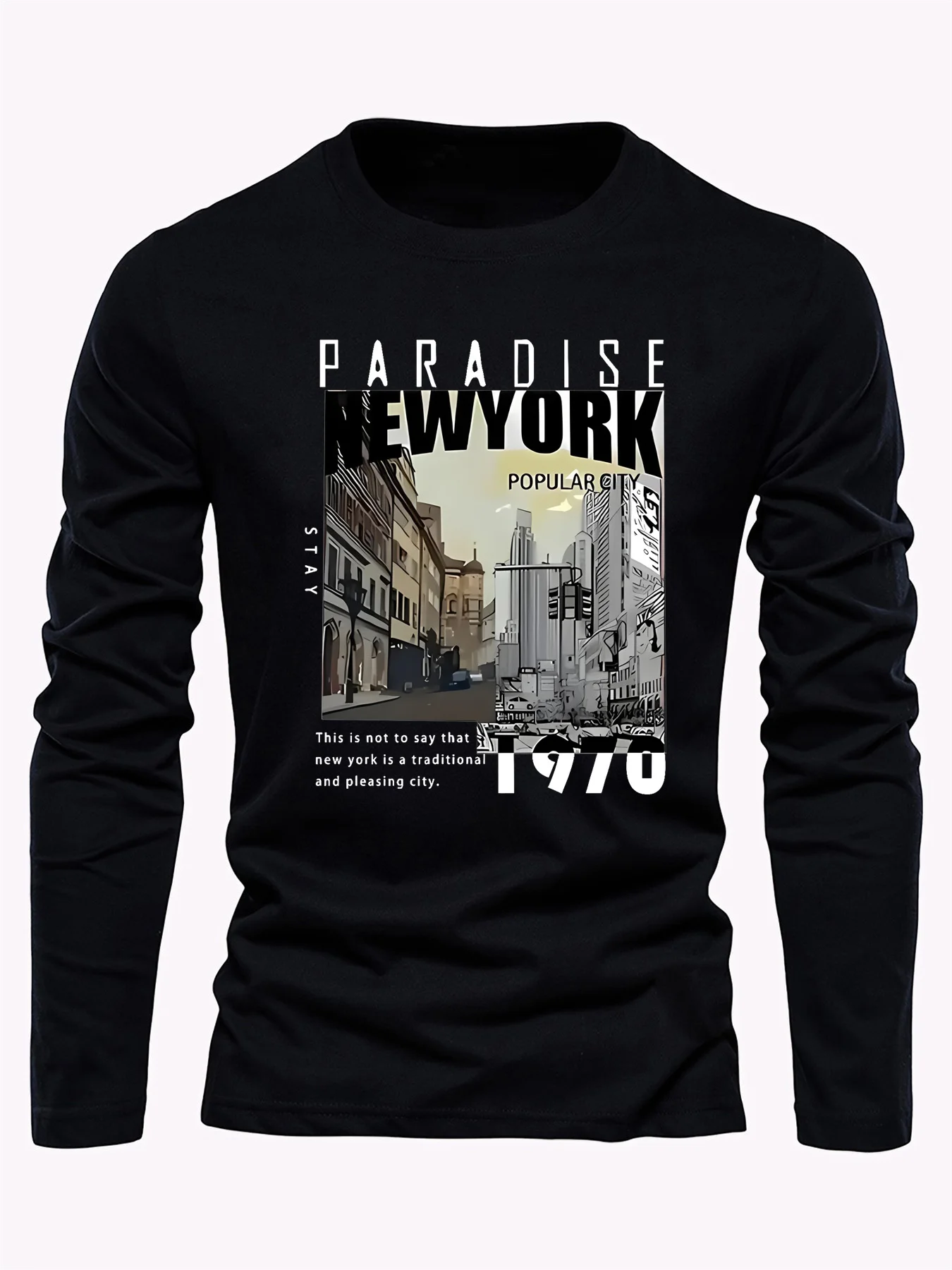 تي شيرت رجالي 100% من القطن الخالص فضفاض ومريح كاجوال رياضي بنمط مدينة نيويورك مطبوع برقبة دائرية وأكمام طويلة #2