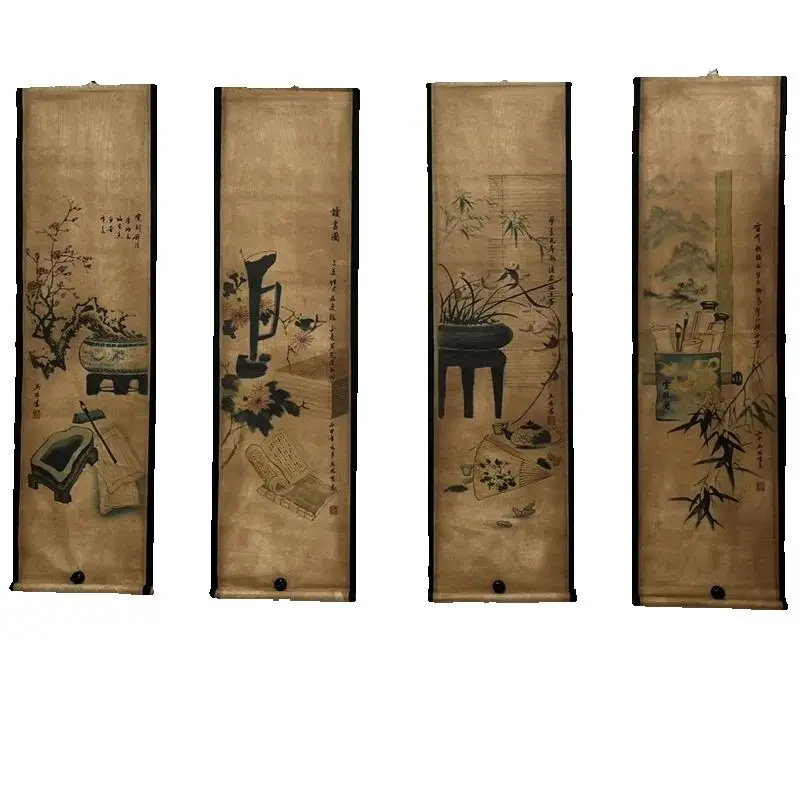 Chinese Ancient Paper Calligraphy Paintings Scrolls, Poems Famous Calligraphy and Painting Four Map Art Decorative Wall Hanging