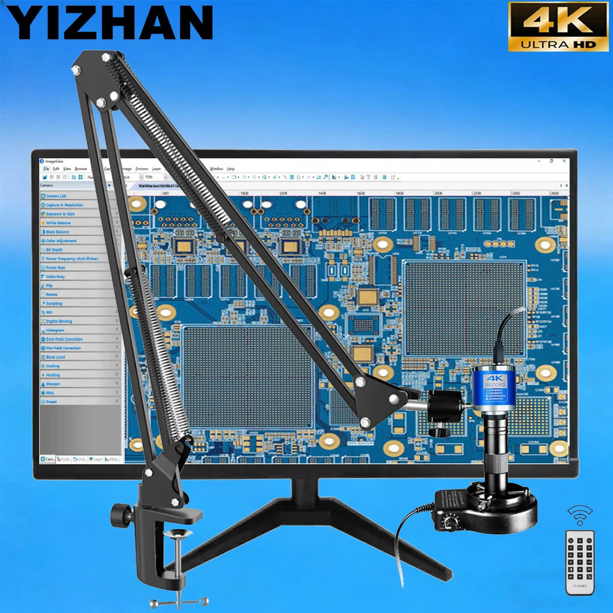 YIZHAN 4K مجهر إلكتروني رقمي، كاميرا بمستشعر imx415 1/2.8 بوصة للمجهر، عدسة 150X C-Mount، دعامة قوية قابلة للطي #1