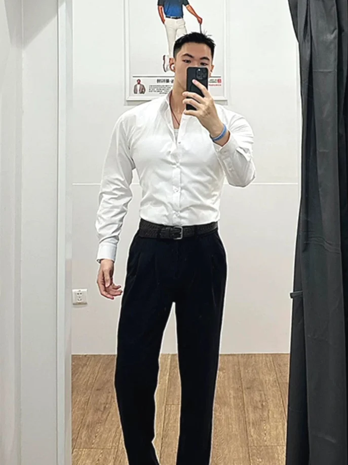 

Мужская белая рубашка American Sle Hard Man, приталенная, с длинным рукавом, не требующая глажки, из ледяного шелка, с четырехсторонней эластичностью, повседневная.