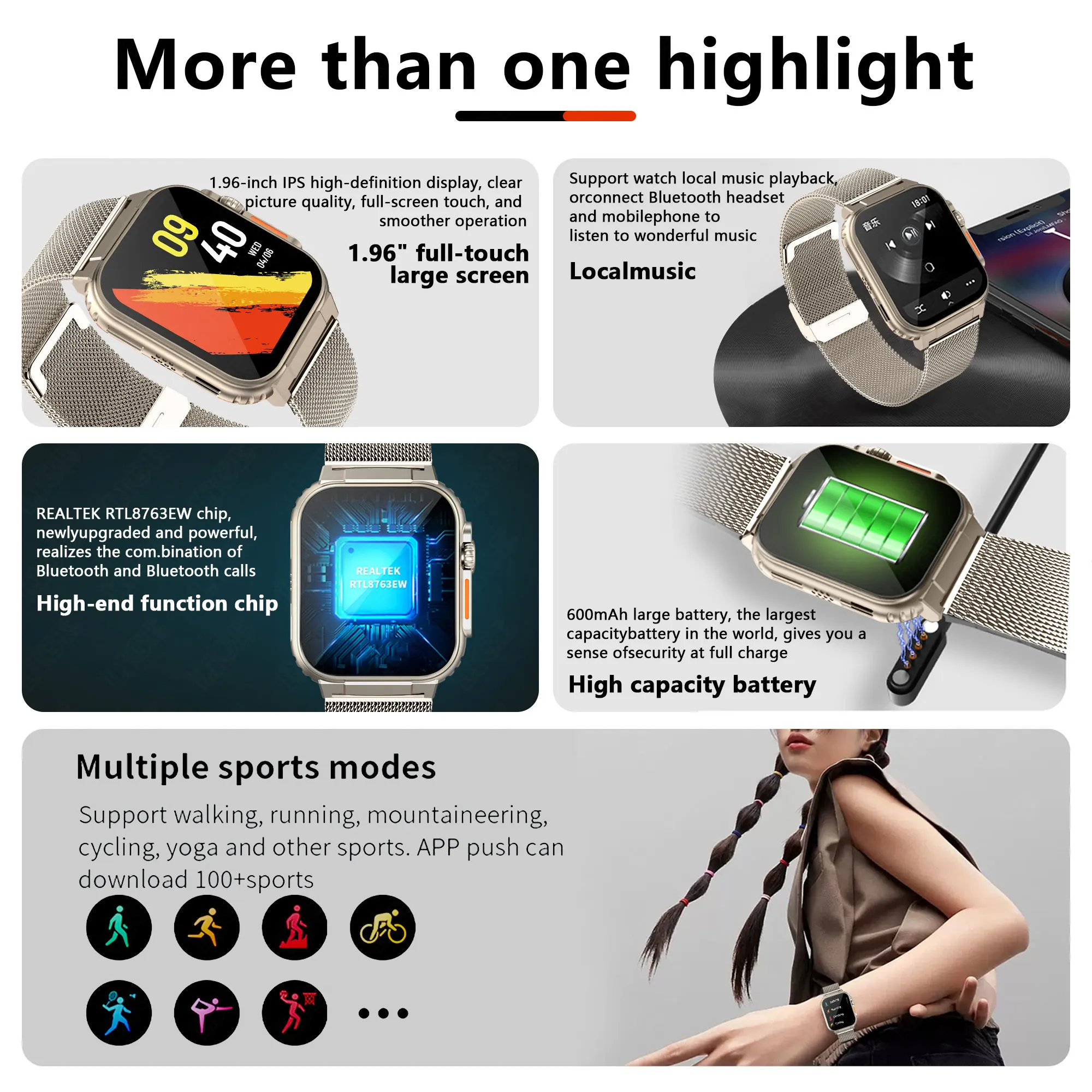 600mAh Battery Smart Watch Bluetooth Call Message reminder Sports Bracelet Music Play Connect TWS Recording Smartwatch Women men