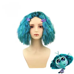 Anime Inside Out 2 Envy Wig Short Blue Curly Heat Hairpiece Masquerade Cosplay Headgear Head Cover with Water Drop Clip