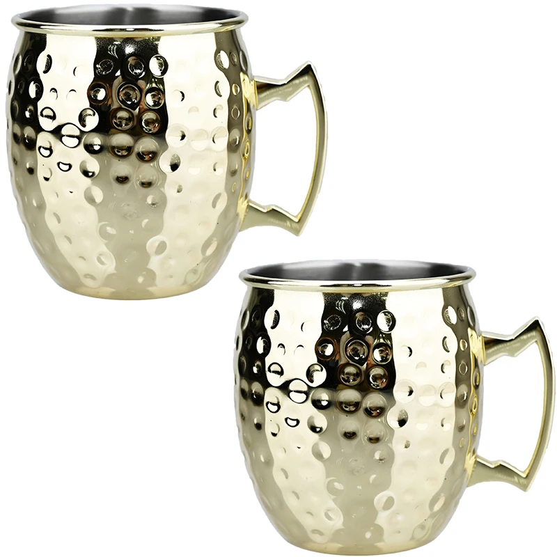 

2Pcs New Cocktail Wine Cup Moscow Mule Mug Stainless Steel Hammered Copper Plated Beer Cup Bar Drinkware