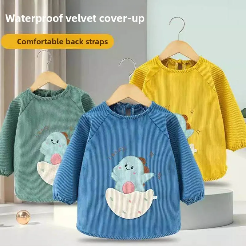 Pure Cotton Baby Bib Long Sleeve Waterproof Autumn Winter Eating Children Reverse Clothing Velvet Long Sleeve Boys Cotton Bib