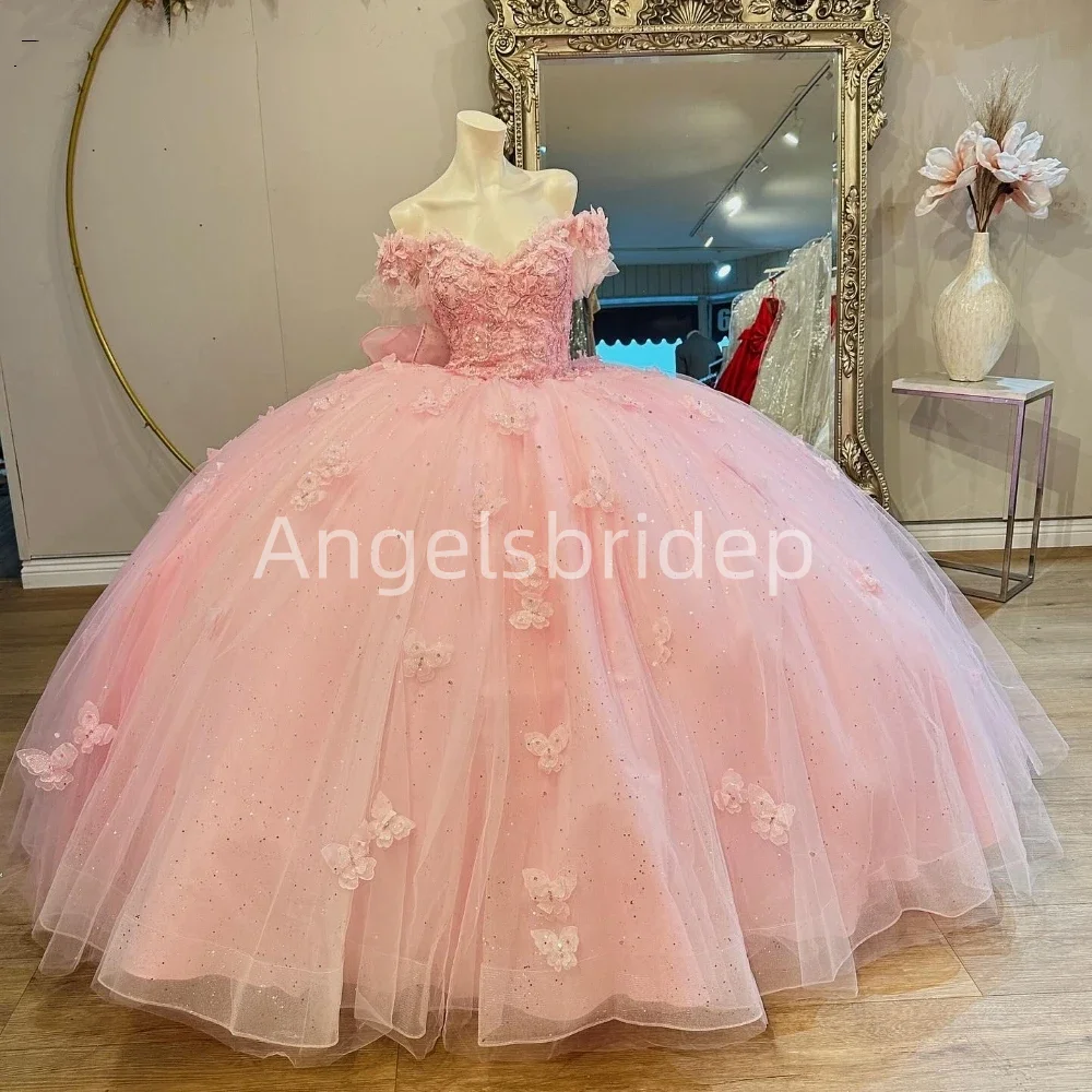 

Angelsbride Princess Pink Ball Gown Quinceanera Dresses With 3D Flora Bow Cinderella Birthday Party Gown Vestido De 15 Años