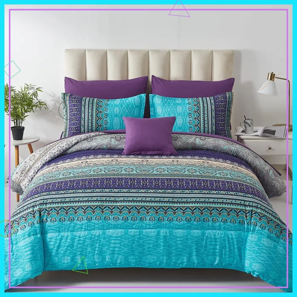 

Queen Size 8-Piece Bohemian Striped Bedding Set in Aqua Paisley Floral, Soft Microfiber All-Season Comforter and Sheet Set