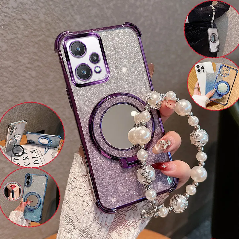 Glitzer-Lippenstift-Spiegelständer-Handyhülle für Oppo Realme 9 ProPlus Narzo 50 Pro K10X mit Perlenkette, stoßfeste Abdeckung gegen Stürze.