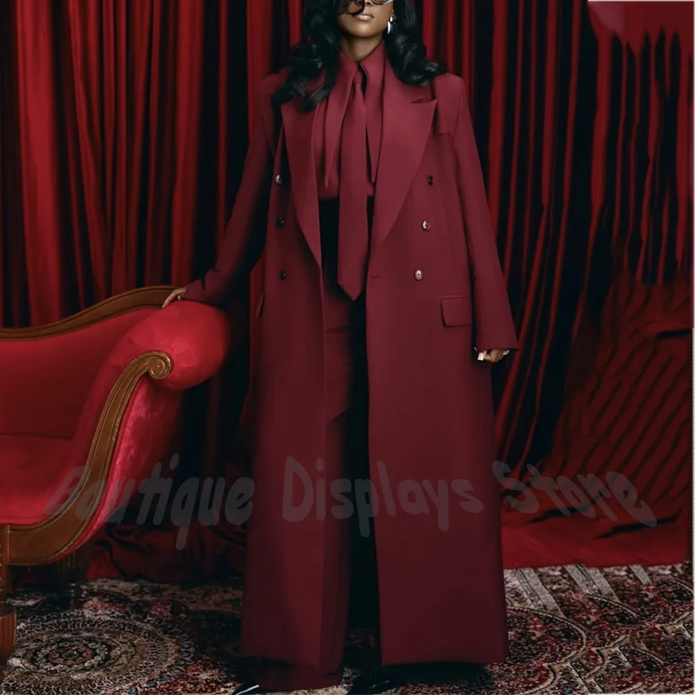Classic Burgundy Women Suit 2 Piece Long Blazer Double Breasted Peak Lapel Jacket Pants Loose Casual Office Lady Luxury Outfit