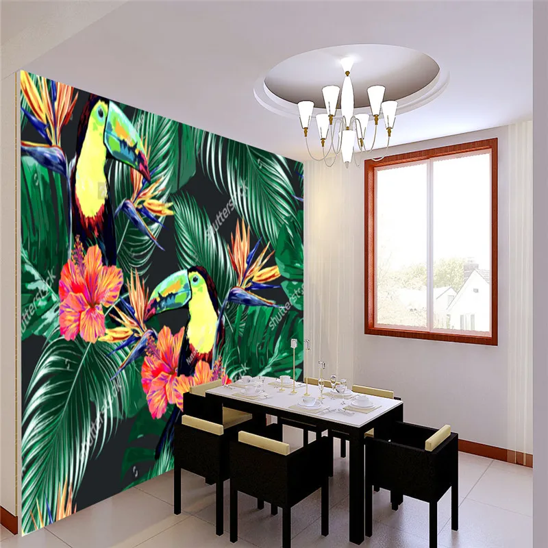 Tropical Jungle Leaf Wallpaper for Living Room Turtleback Bird of Paradise Toucan TV Background Wall Papers Home Decor Mural