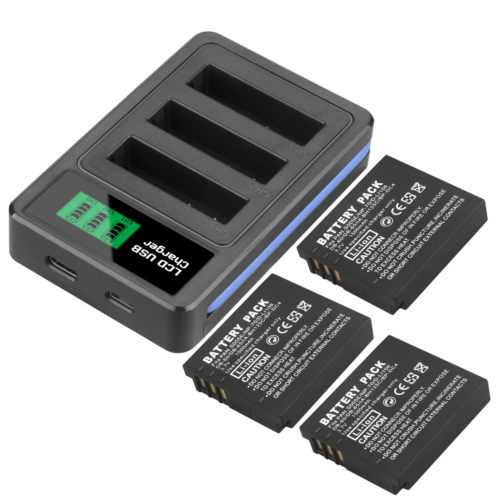 

Аккумулятор 1500 мАч CGA-S005 DB-60 DB-65 и зарядное устройство с 3 слотами для LCD-экранов для Panasonic Lumix DMW-BCC12 DMC-LX1 LX2 LX3 FX3, для FUJI NP-70