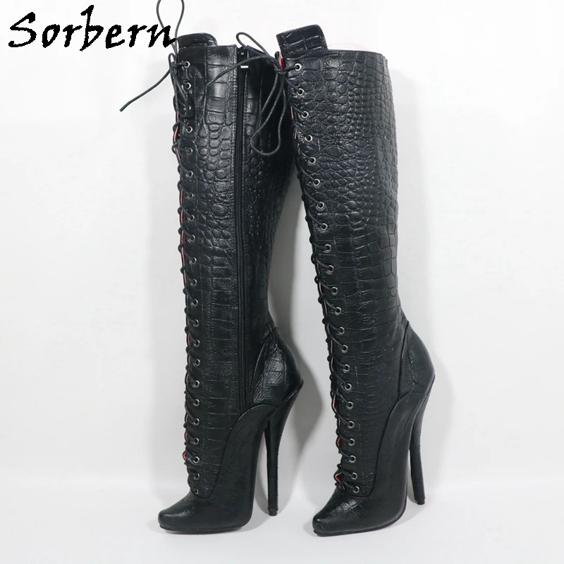 Sorbern Black Genuine Leather Crocodile Knee High Boots Women Lace Up Strange Ballet Stilettos Side Zipper Size Custom Colors