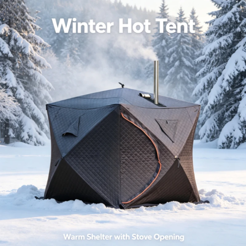 Black Insulated Ice Fishing Tent with Chimney Port, Pop-Up Design for Winter Camping & Snow Fishing Shelter