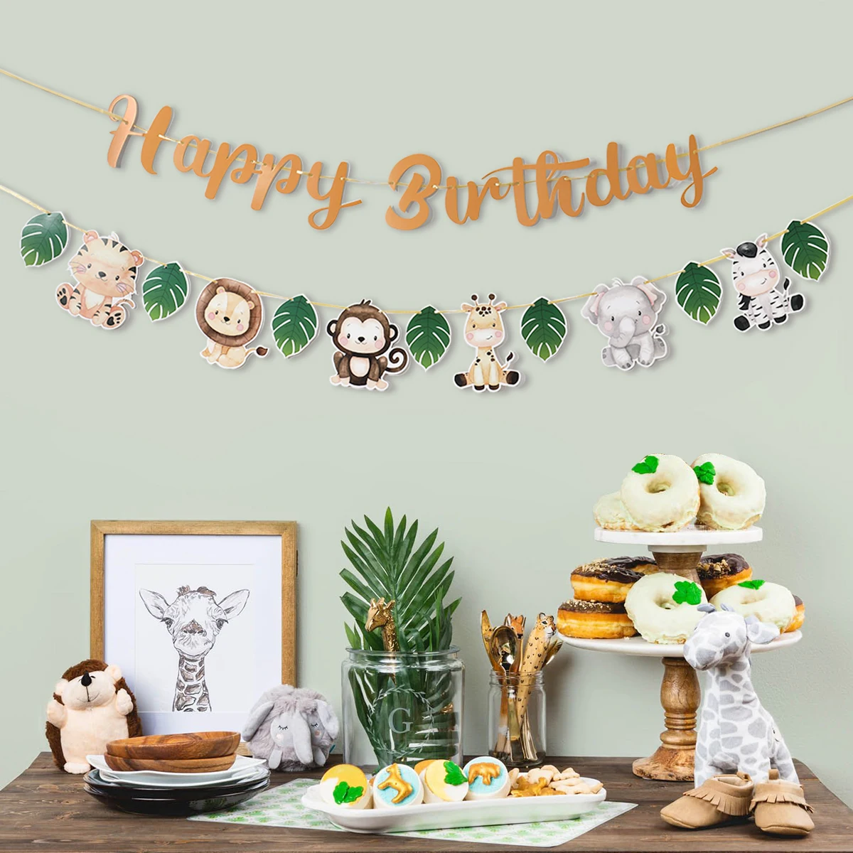 Jungle Animal Happy Birthday Garland Banner Safari Party Supplies Birthday Party Decorations Kids Wild One Baby Shower Decor