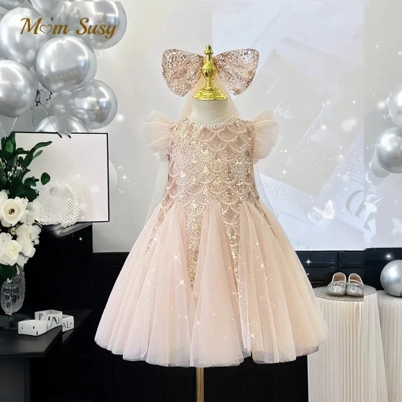 

Baby Girl Princess Sequins Tulle Dress+Headwear 2pcs Toddle Teens Tulle Vestido Party Pageant Birthday Ball Gown Costume 2-14Y