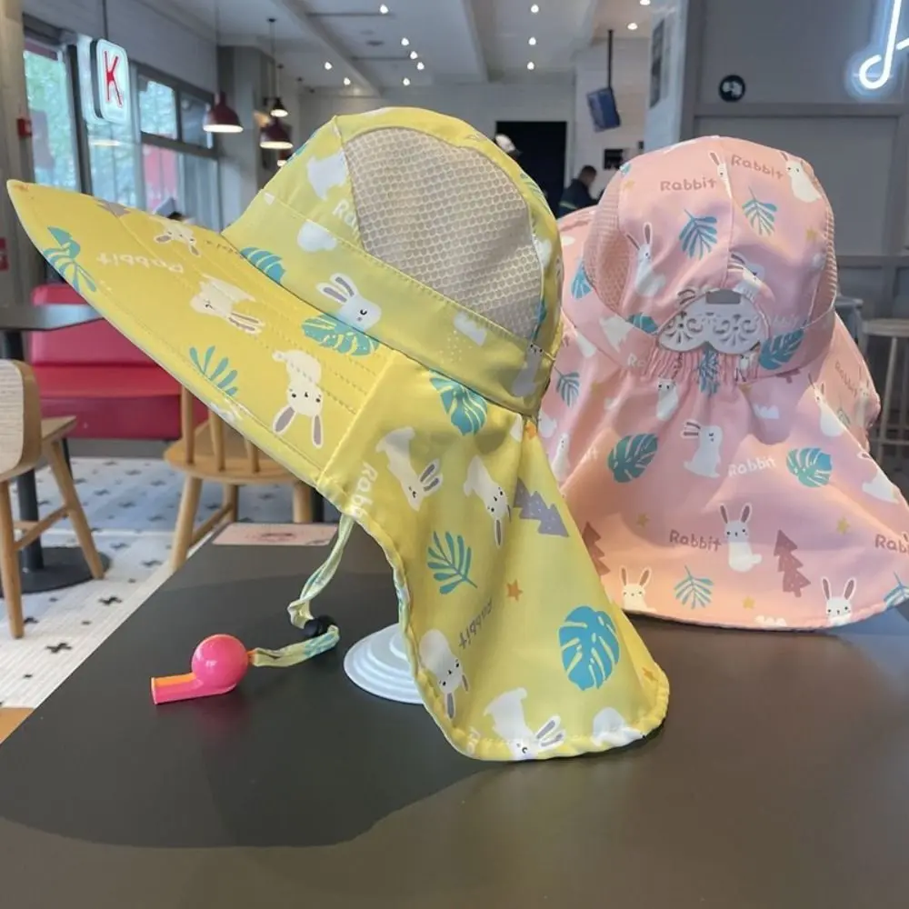 Bucket Cap Summer Baby Hat Neck Ear Cover Wide Brim Children's Sunscreen Hat With Whistle Breathable Kids Beach Caps Girls Boys