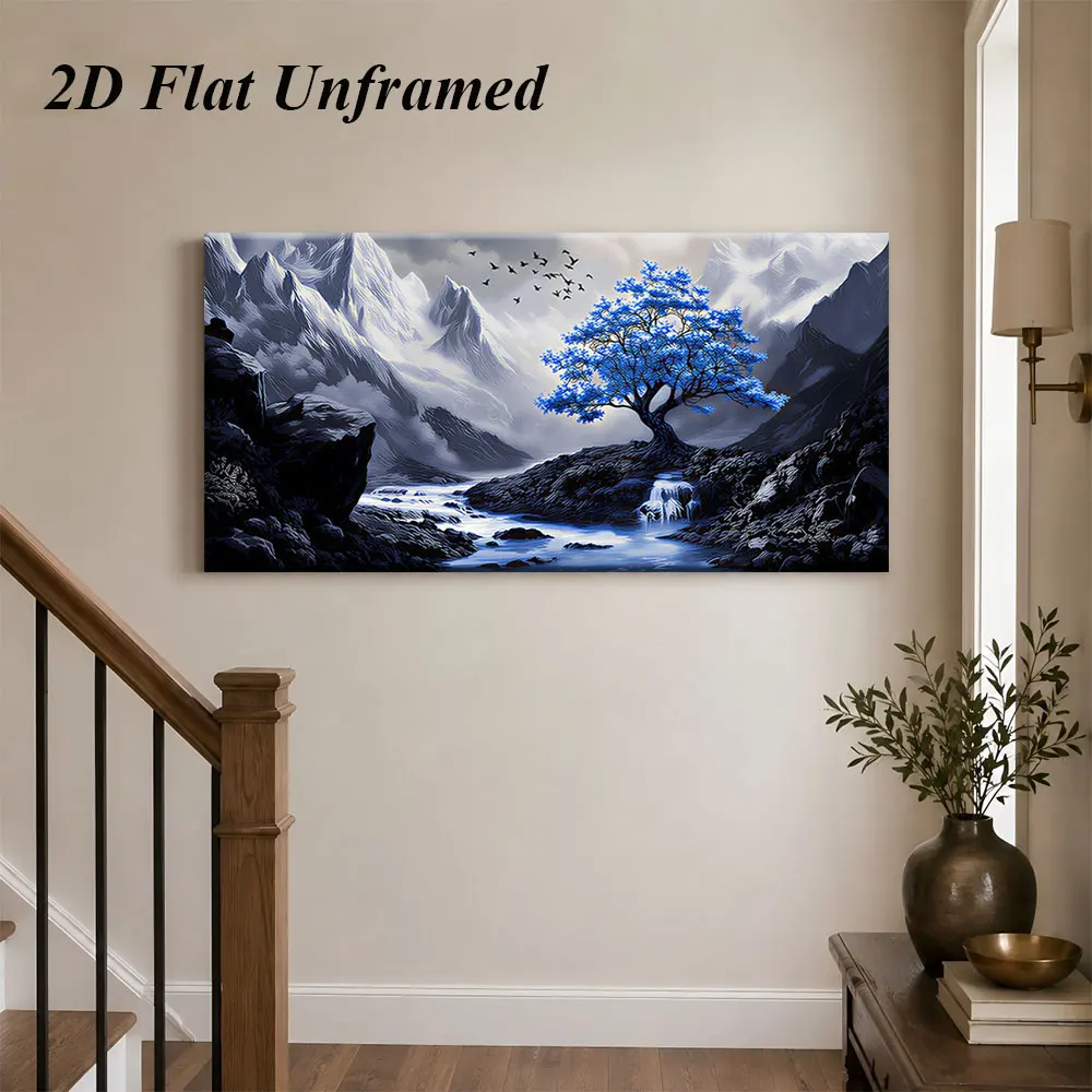 (1PC Unframe)1 piece of blue tree landscape frameless decorative painting, creating a quiet and distant natural artistic concep
