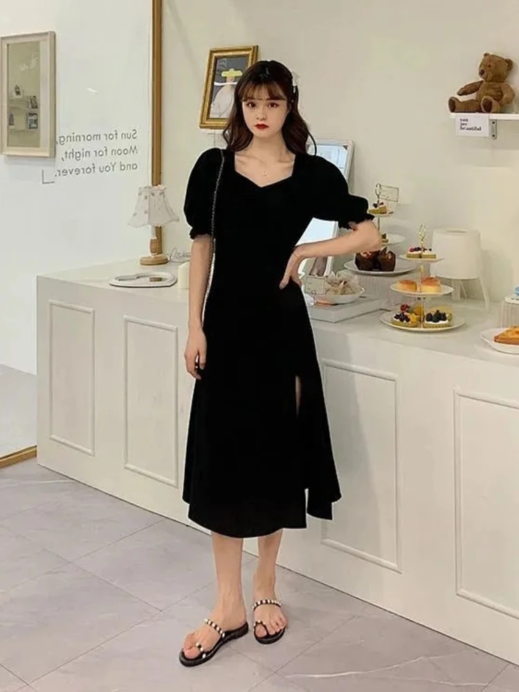 Solid Puff Short-Sleeved Elegant Slit Dress New Fashion Ladies High Waist Slim Evening Party Ins sexy hot girl U-neck slim fit a