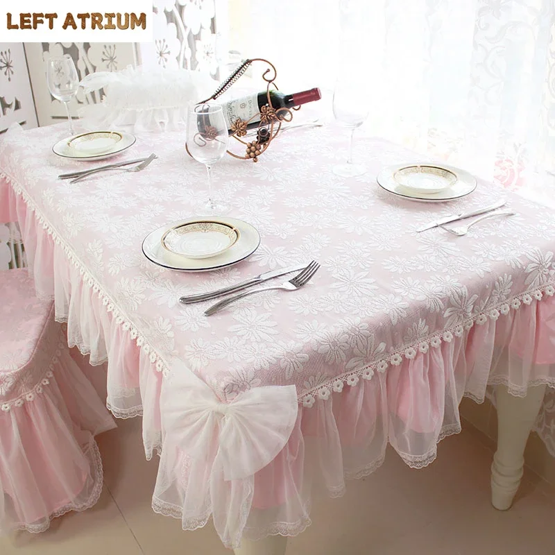 Korean Lace Tablecloth Garden Fresh Pink Bow Home Diningtable Rectangular Cloth European Wedding Decor Cloth Chair Cover
